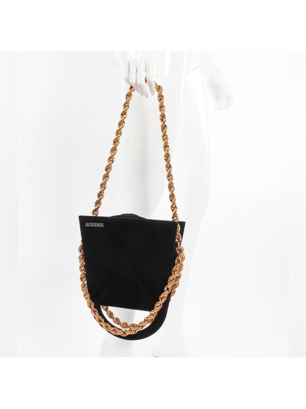 Jacquemus Black Suede Shoulder Bag with Gold-Tone Twisted Chain